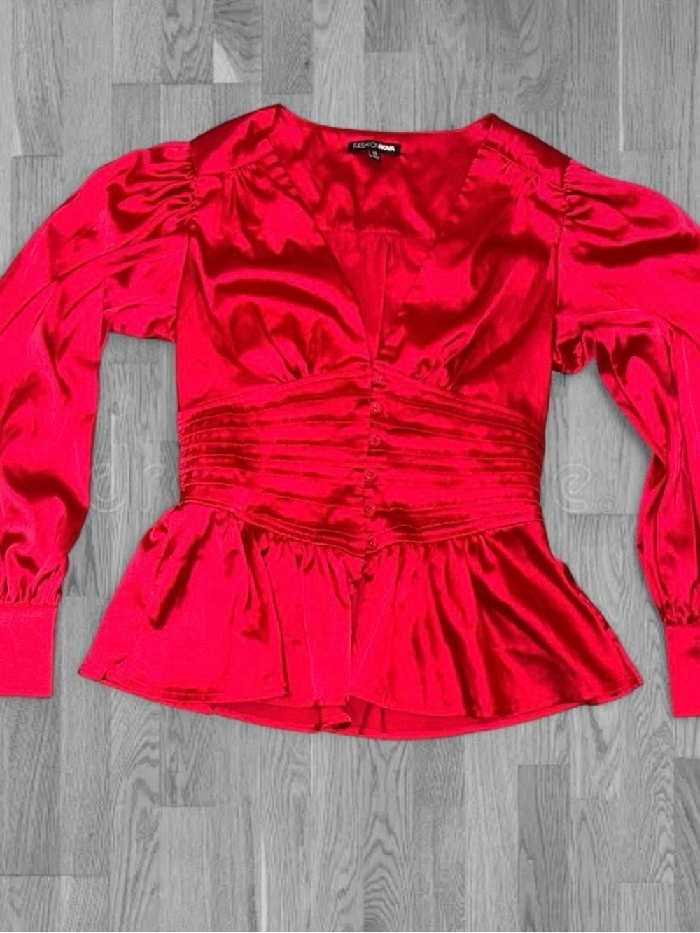 Fashion Nova Vibrant Red Satin Peplum Blouse with Ruched Waist
